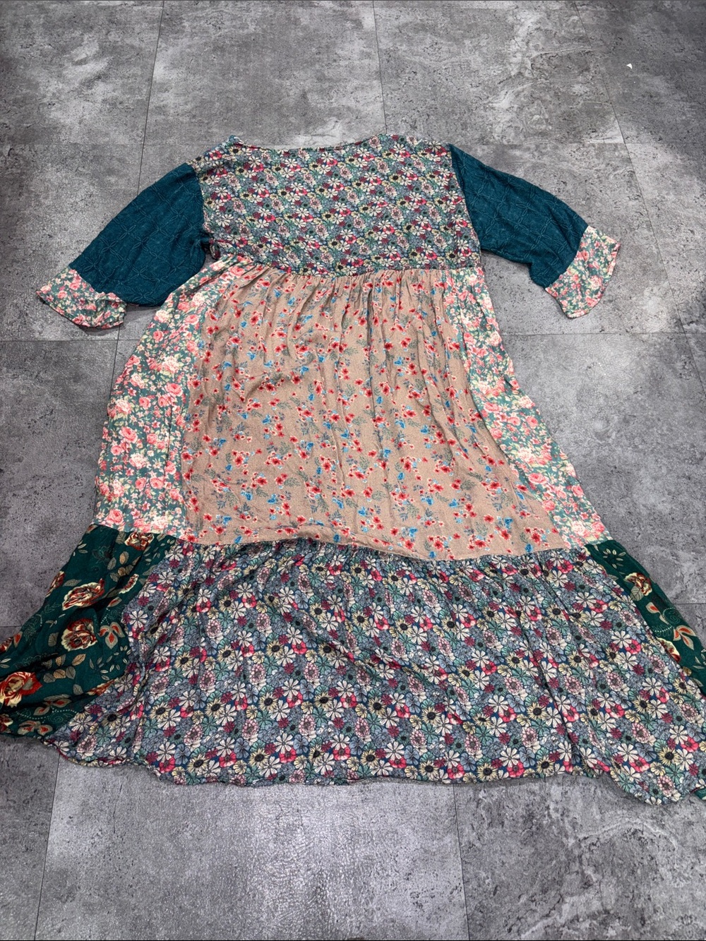 Free People Boho Patchwork Long Duster in Teal and Cream